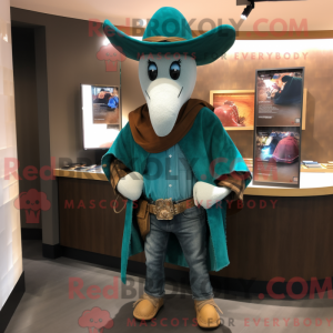 Maskotfigur av en blågrön...
