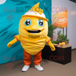 Gold Fish Tacos mascot costume character dressed with a Polo Tee and Foot pads