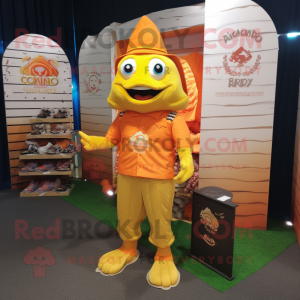 Gold Fish Tacos mascot costume character dressed with a Polo Tee and Foot pads