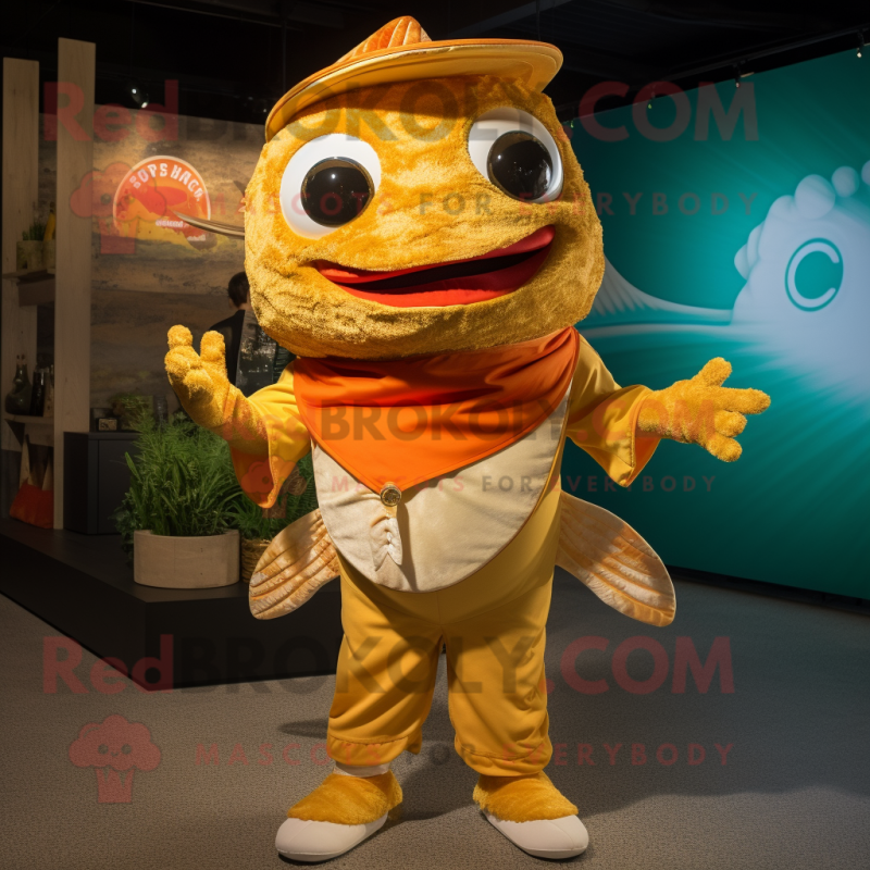 Gold Fish Tacos mascot costume character dressed with a Polo Tee and Foot pads