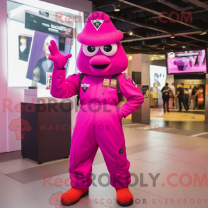 Maskotfigur af en magenta...