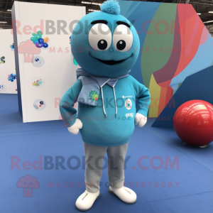 Cyan Petanque Ball mascot costume character dressed with a Sweater and Lapel pins