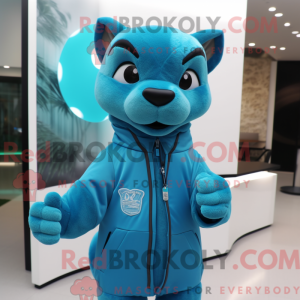 Maskotkarakter av en cyan...