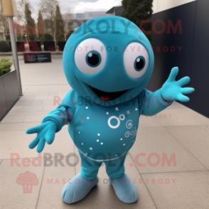Cyan Petanque Ball mascot costume character dressed with a Sweater and Lapel pins