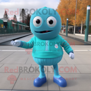 Cyan Petanque Ball mascot costume character dressed with a Sweater and Lapel pins