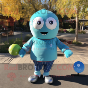 Cyan Petanque Ball mascot costume character dressed with a Sweater and Lapel pins