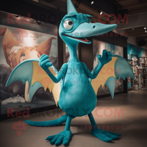 Teal Pterodactyl mascot costume character dressed with a Jeggings and Cummerbunds