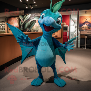 Teal Pterodactyl mascot costume character dressed with a Jeggings and Cummerbunds