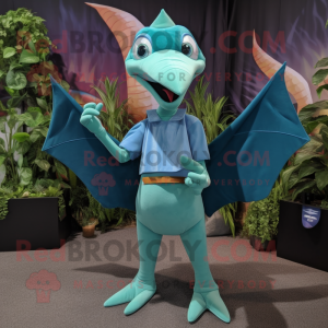 Teal Pterodactyl mascot costume character dressed with a Jeggings and Cummerbunds