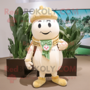 Beige Radish mascot costume character dressed with a Cover-up and Handbags