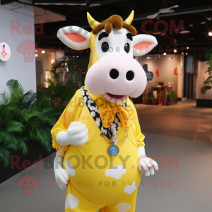 Yellow Holstein Cow mascot costume character dressed with a Blouse and Necklaces