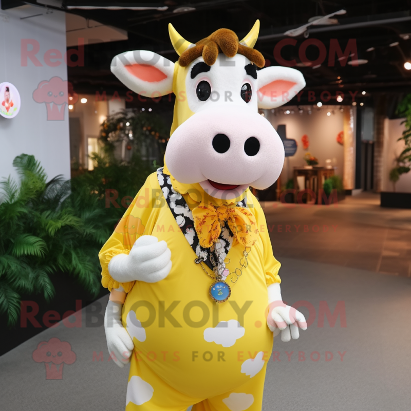 Yellow Holstein Cow mascot costume character dressed with a Blouse and Necklaces Yellow Holstein Cow mascot costume character dressed with a Blouse and Necklaces