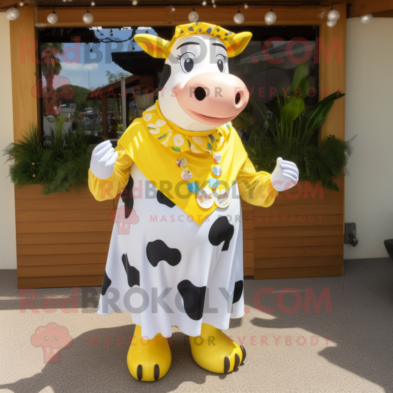 Yellow Holstein Cow mascot costume character dressed with a Blouse and Necklaces