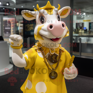 Yellow Holstein Cow mascot costume character dressed with a Blouse and Necklaces