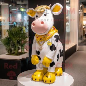 Yellow Holstein Cow mascot costume character dressed with a Blouse and Necklaces