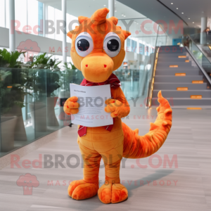 Orange Seahorse mascot costume character dressed with a Blouse and Reading glasses