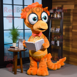 Orange Seahorse mascot costume character dressed with a Blouse and Reading glasses