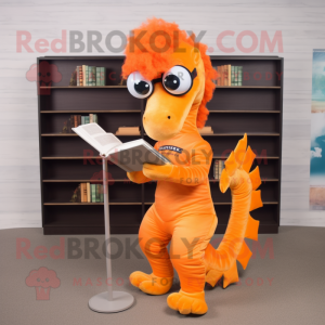 Orange Seahorse mascot costume character dressed with a Blouse and Reading glasses