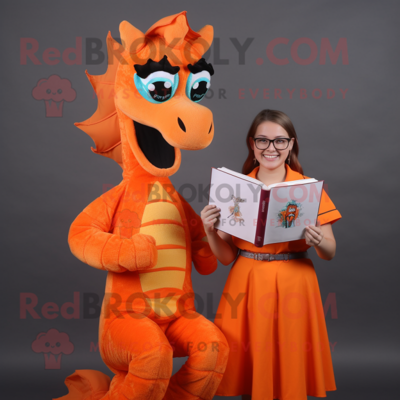 Orange Seahorse mascot costume character dressed with a Blouse and Reading glasses