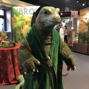 Forest Green Komodo Dragon mascot costume character dressed with a A-Line Dress and Shawl pins