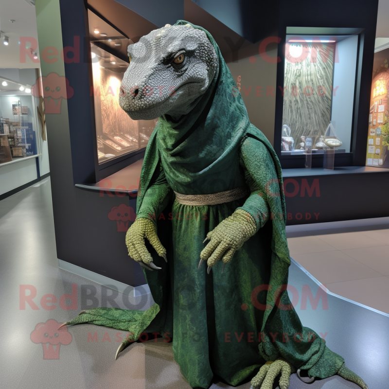 Forest Green Komodo Dragon mascot costume character dressed with a A-Line Dress and Shawl pins