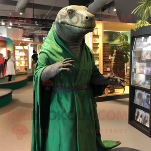 Forest Green Komodo Dragon mascot costume character dressed with a A-Line Dress and Shawl pins