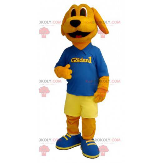 Mascotte cane arancione vestita di blu e giallo - Redbrokoly.com
