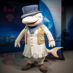 Cream Swordfish mascot costume character dressed with a Waistcoat and Berets