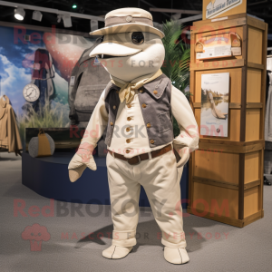 Cream Swordfish mascot costume character dressed with a Waistcoat and Berets