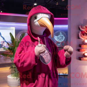 Maskotfigur af en magenta...