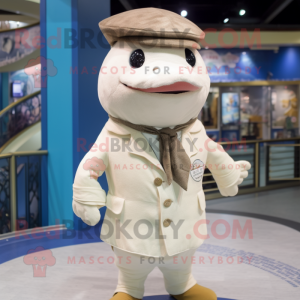 Cream Swordfish mascot costume character dressed with a Waistcoat and Berets