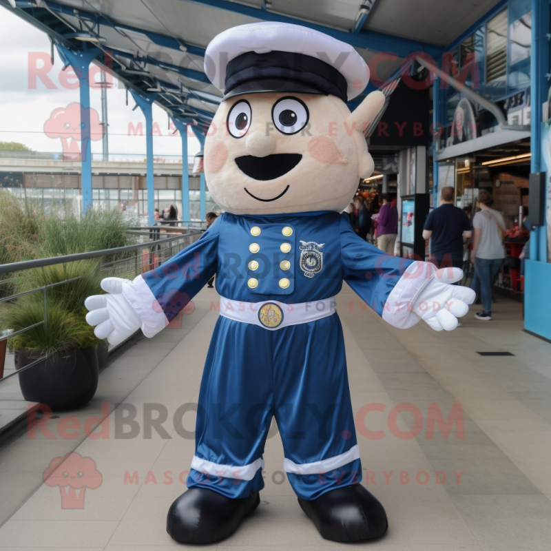 Navy Gyro mascot costume character dressed with a Playsuit and Suspenders Navy Gyro mascot costume character dressed with a Playsuit and Suspenders