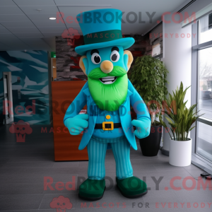 Maskotfigur af en cyan...