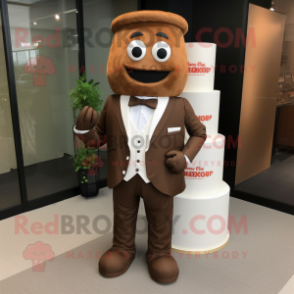 Brown Wedding Cake mascot costume character dressed with a Suit and Shoe laces