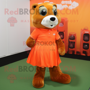 Orange Otter mascot costume character dressed with a Skirt and Shoe laces