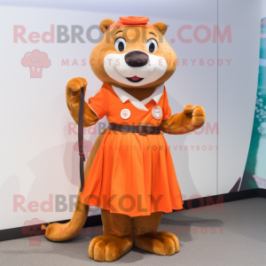 Orange Otter mascot costume character dressed with a Skirt and Shoe laces