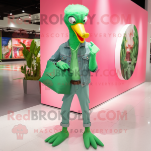 Green Flamingo mascot costume character dressed with a Boyfriend Jeans and Clutch bags