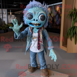 Maskotfigur af en cyan...