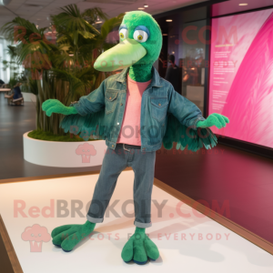 Green Flamingo mascot costume character dressed with a Boyfriend Jeans and Clutch bags