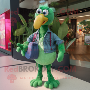 Green Flamingo mascot costume character dressed with a Boyfriend Jeans and Clutch bags