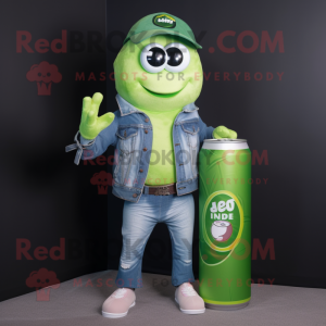 Lime Green Soda Can mascot costume character dressed with a Denim Shorts and Scarves