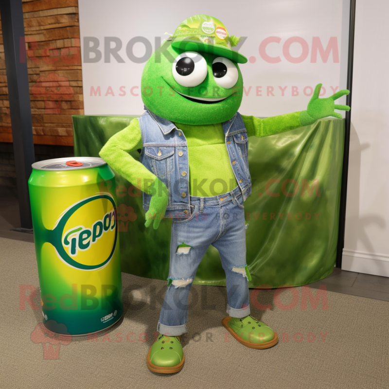 Lime Green Soda Can mascot costume character dressed with a Denim Shorts and Scarves Lime Green Soda Can mascot costume character dressed with a Denim Shorts and Scarves