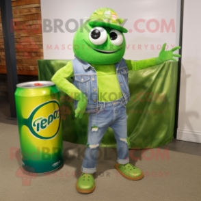 Lime Green Soda Can mascot costume character dressed with a Denim Shorts and Scarves