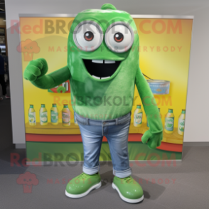 Lime Green Soda Can mascot costume character dressed with a Denim Shorts and Scarves