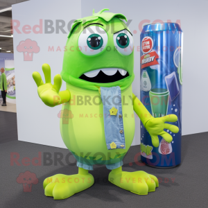 Lime Green Soda Can mascot costume character dressed with a Denim Shorts and Scarves