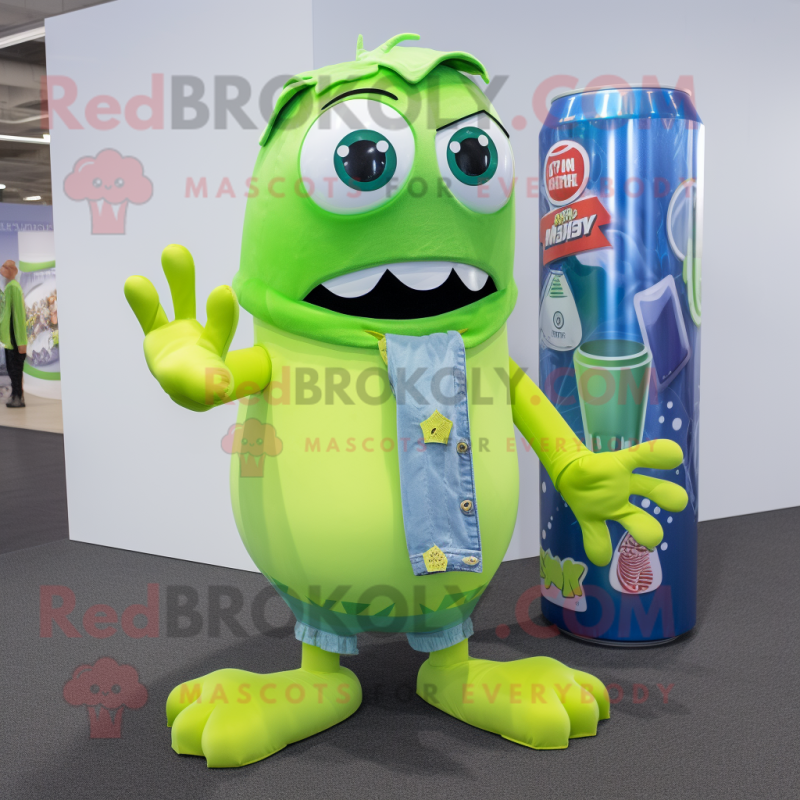 Lime Green Soda Can mascot costume character dressed with a Denim Shorts and Scarves Lime Green Soda Can mascot costume character dressed with a Denim Shorts and Scarves