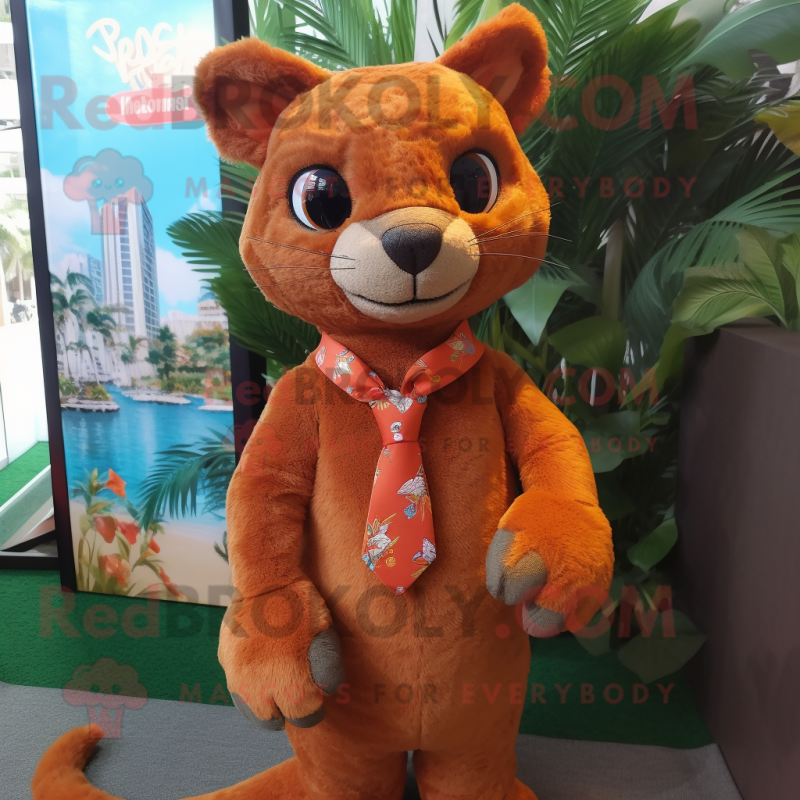 Orange Jaguarundi mascot costume character dressed with a Romper and Tie pins