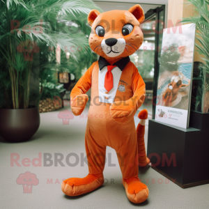 Orange Jaguarundi mascot costume character dressed with a Romper and Tie pins