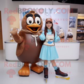 Brown Pair Of Ice Skates mascot costume character dressed with a A-Line Skirt and Wallets