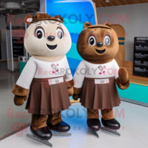 Brown Pair Of Ice Skates mascot costume character dressed with a A-Line Skirt and Wallets